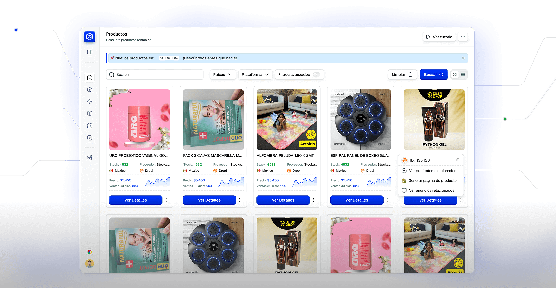 Vista de la app de Dropkiller: buscador de productos ganadores y anuncios