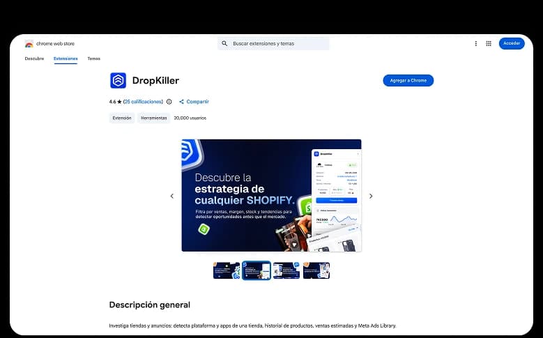 Ficha de la extensión de Dropkiller en la Chrome Web Store